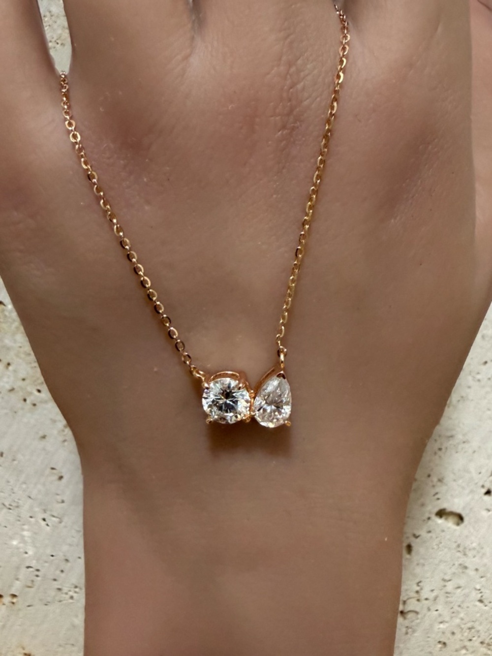 Rose Gold Tone Necklace with Round and Pear Moissanite Toi Et Moi Pendant 2CTW
